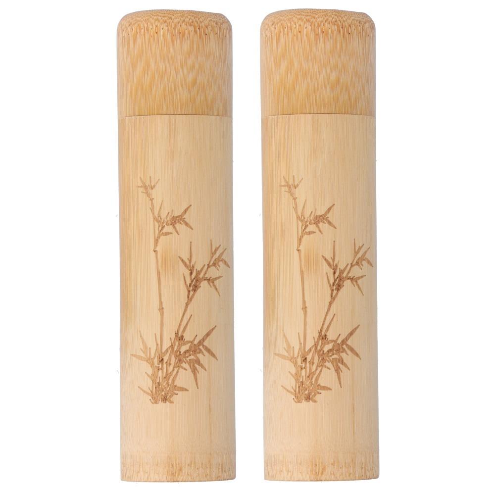 2Pcs Durable Bamboo Tea Canister Round Shape With Lid Tea Container 1.38 x 5.91in Incense Canister Spices