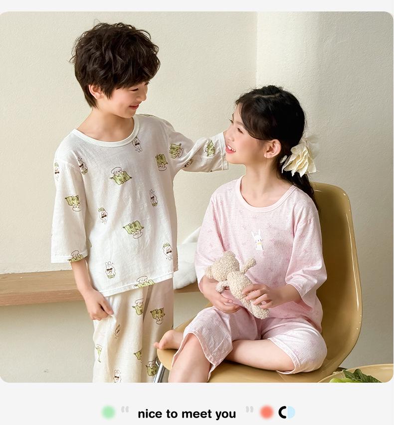 Kids' Pure Cotton Summer Pajama Set: Boys & Girls Three-Quarter Sleeve Homewear