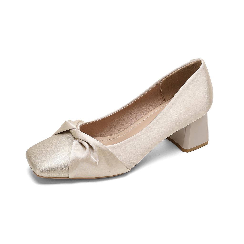 Woman High Heel Shoes Elegant Square Toe Butterfly Knot Slip on Pumps French Style Pleated Design Daily Versatile Dress Heels