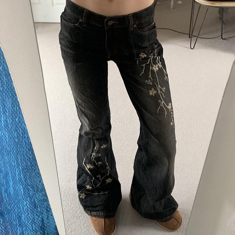 Women's Pant  Botanical Floral Embroidery Slim Thin Spice Girls Fashion Retro Hundred Old Do Old Casual Flare Jeans