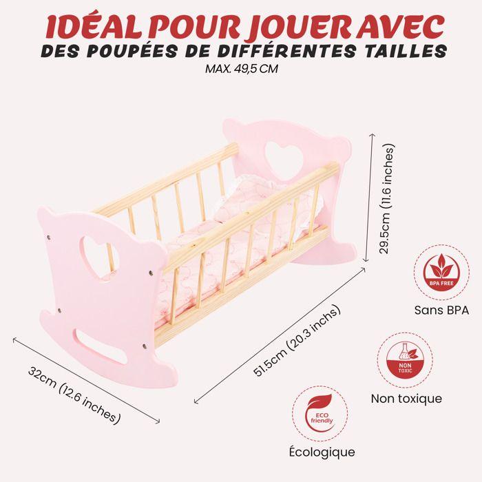 Lit Poupee En Bois - KINDERPLAY - Berceau Pour Poupée - Rose - Enfant - 56 X 32 X 7,5 Cm