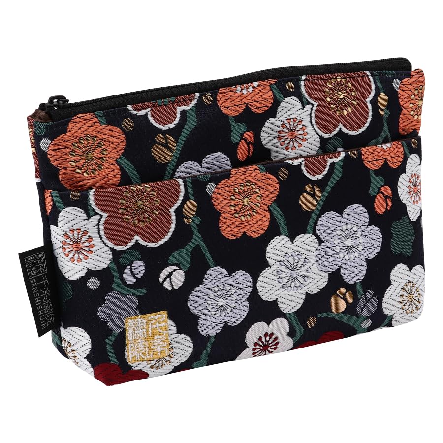 Senshishuin Nishijin Brocade Pouch Ai Ume Ranman Plum Blossoms In Full (Lined) - (Blue Bloom) (Small)