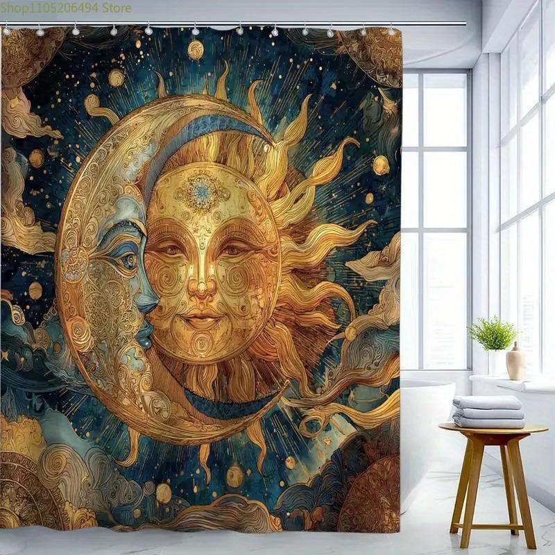 1pc of Cosmic Starry Bathroom Shower Curtain, Sun and Moon Fusion Theme, Dreamy Starry Sky Holiday Shower Curtain, Includes 12