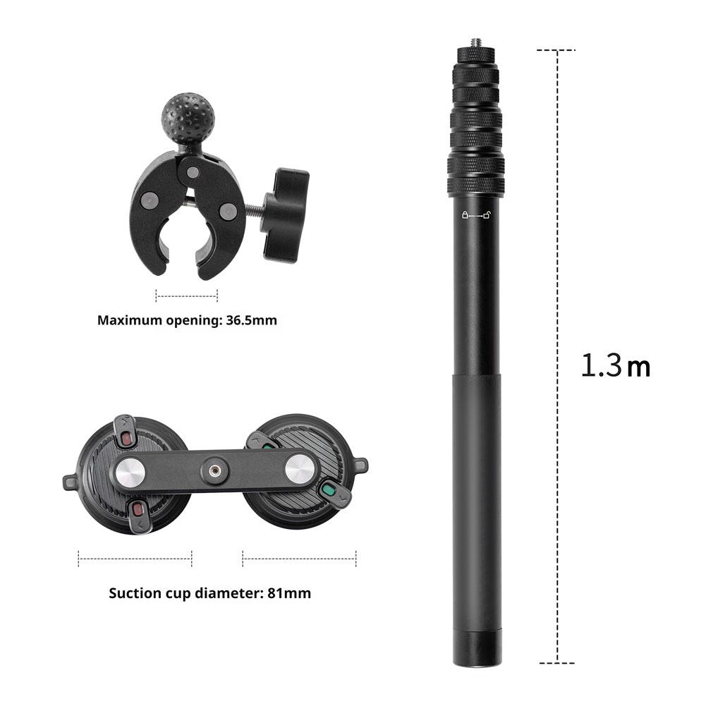 For Insta360 X5/DJI OSMO360 Car Suction Cup Holder 1.1m Invisible Selfie Stick Multi Angle Adjustment