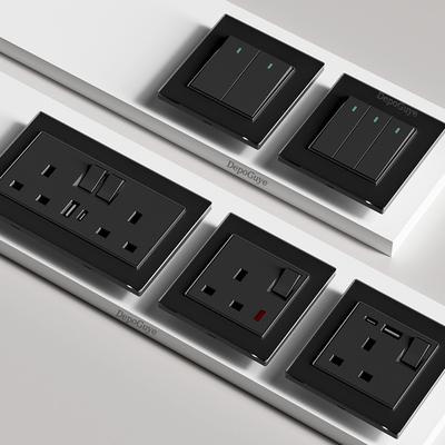 Black Tempered Glass Panel Wall UK Electrical Outlets And Switches USB Type C 18W Charge Port Socket 1/2/3/4 Gang 1/ 2 Way