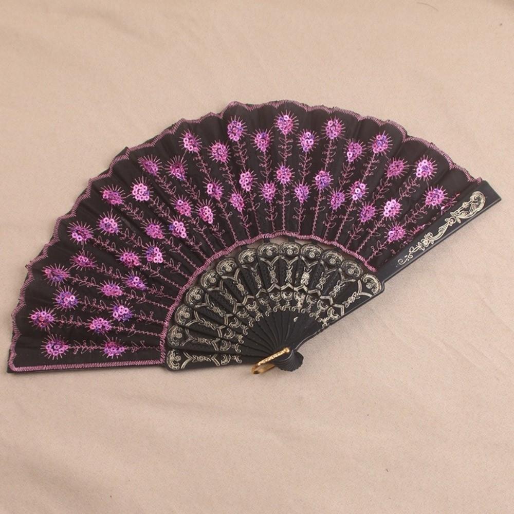 Sequin Embroidery Chinese Folding Fan Peacock Pattern Handheld Fan Plastic Fan Home Decor
