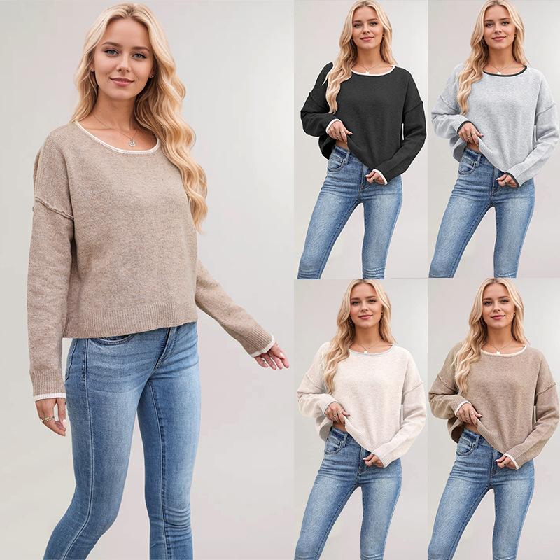 Ladies Autumn Winter Long Sleeve Round Collar Solid Color Pullover Knitted T Shirt Knitwear Top