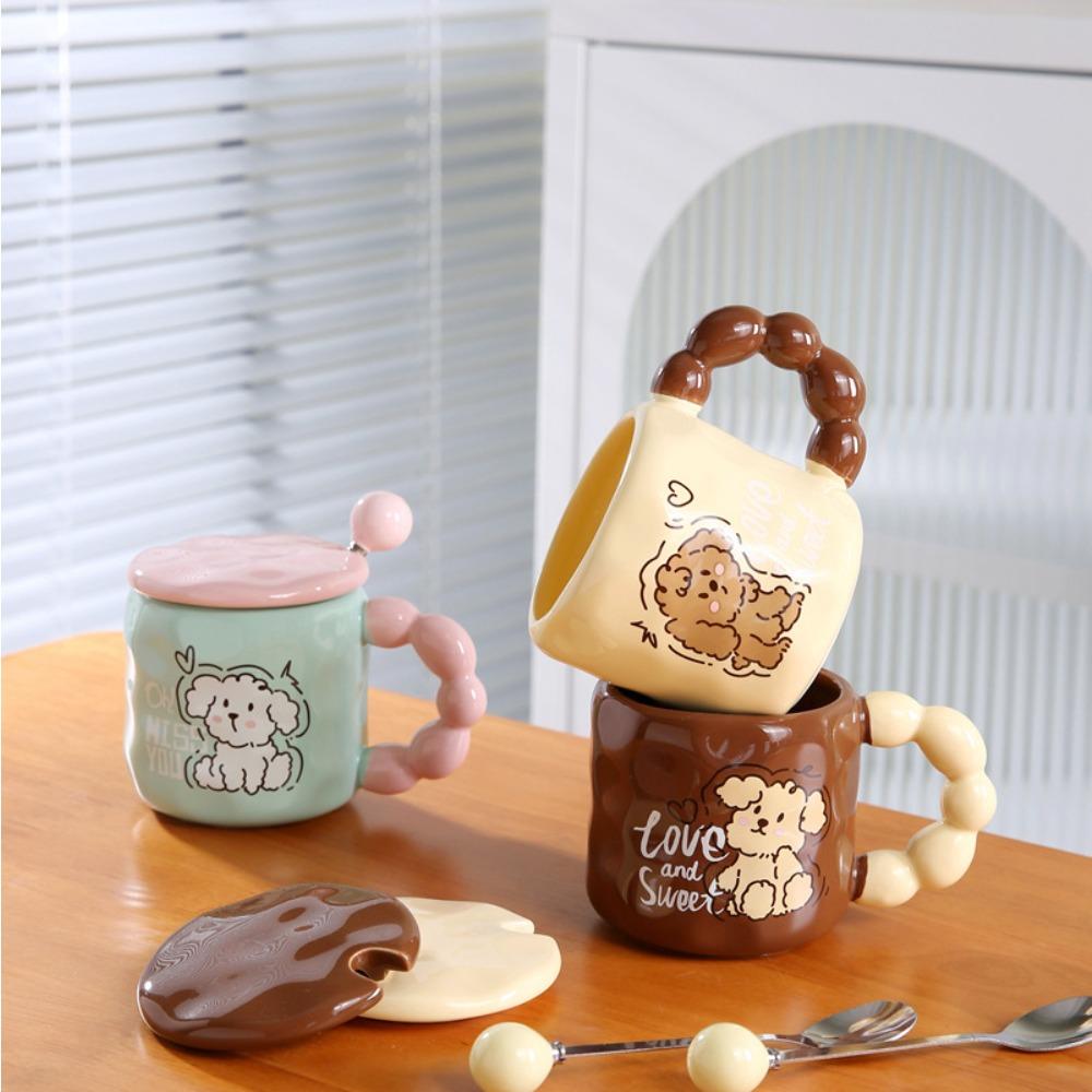 Mug with Lid Spoon Dopamine Ceramic Cup Household Cute Puppy Water Cup Girls Gift Cup Dopamine Color Scheme
