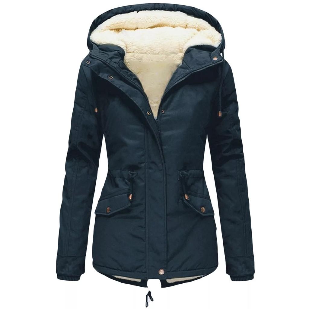 2025 Winter Women's Solid Color Hooded Parka Coat Thick Fleece Lined Cotton Jacket Outerwear