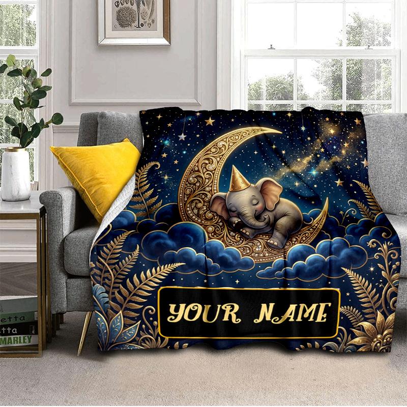 1PC Custom Name Elegant Elephant Moon Night blanket versatile,all-season throw suitable for the living room,bedroom,camping,travel,and gift