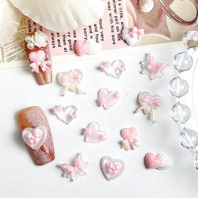 50 Stück Rosa Serie Schleife Herz Harz Nagelanhänger 3D Leuchtend Doppelter Schmetterling Pfirsichherz Süßer Stil Nagelkunst Dekorationen DIY Nägel