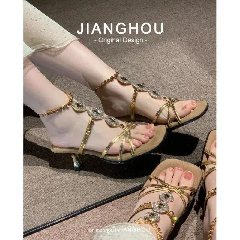 Fashion 2025 Fashion Women's Sandals Square Toe Chain Thick Mid Heels Cow Split Leather Crystal High Quality Summer Shoes