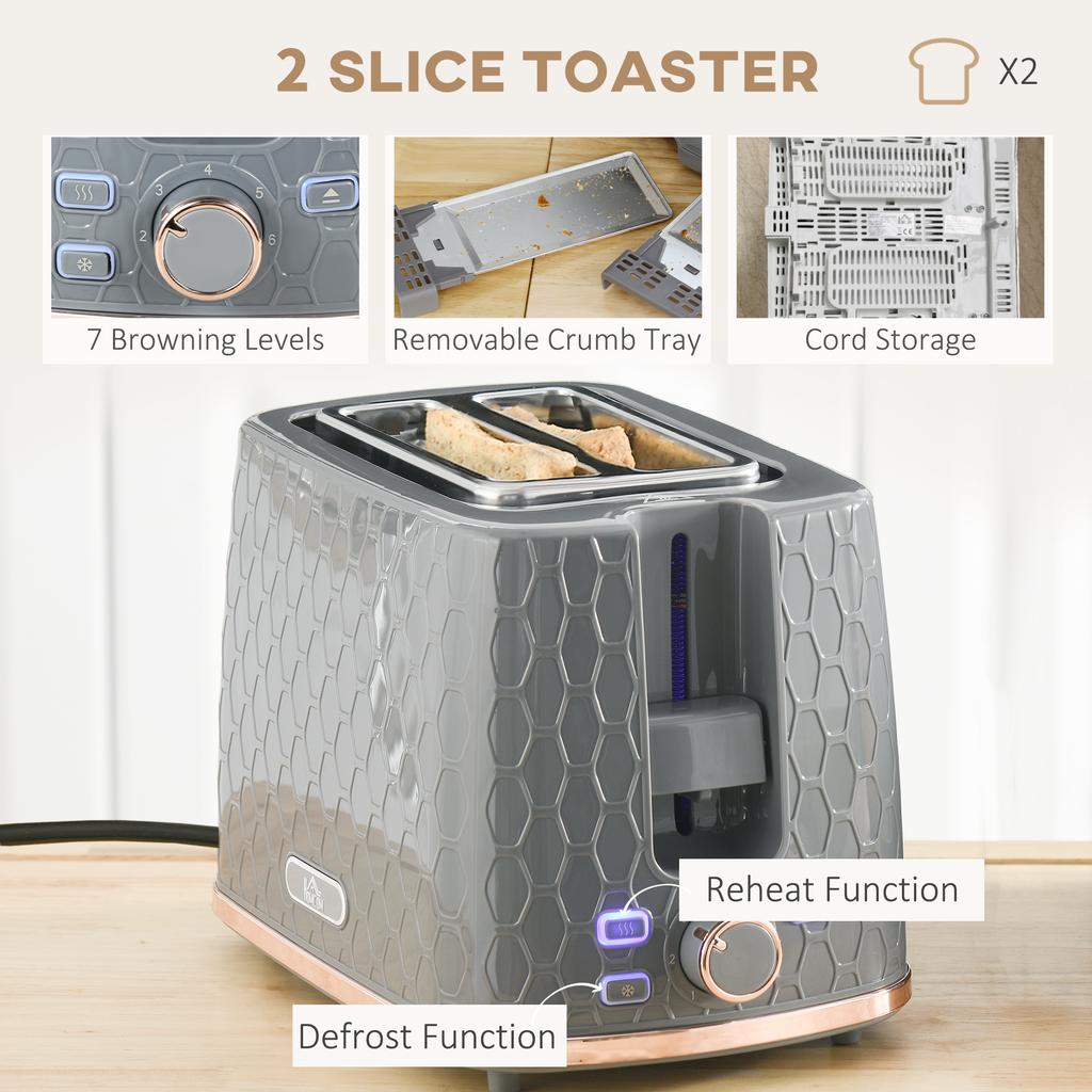 1.7L 3000W Fast Boil Kettle & 2 Slice Toaster Set, Kettle and Toaster Set with Auto Shut Off, Browning Controls, Grey