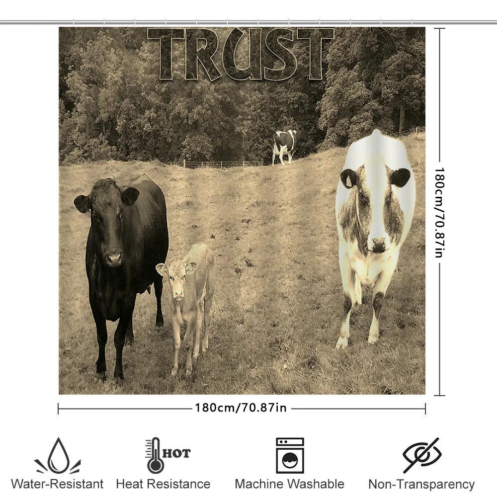 Farmhouse Bathroom Decor Shower Curtain Featuring Trust Farm Animals Black Bull White Cow With Calves Country Rustic Style Home