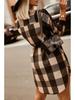 2021 Autumn/Winter Plaid Shirt Dress with Waist Tie & Turn-Down Collar