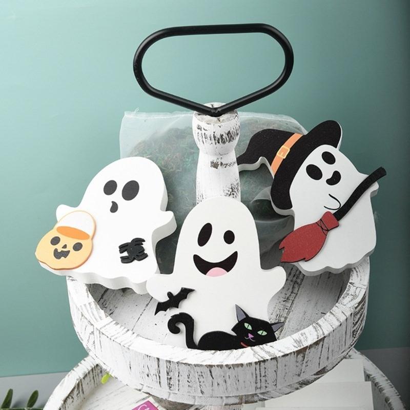 Set Of 3 Halloween Wood Specters Figures Ornament Table Signs for Tiered Tray and Shelf Decoration Desktop Adorment
