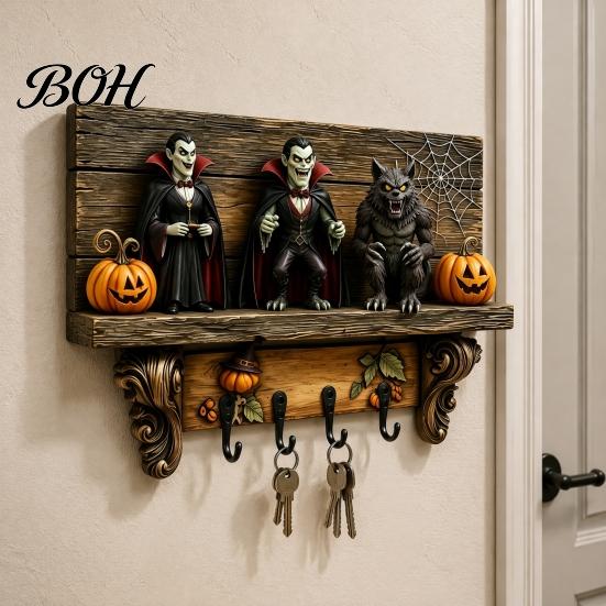 Functional Wooden Key Storage Halloween Holder, Lady Ghost Holder with 4 Hooks, Wall Home Decor Mounted Spooky Rack Organizer for Entryway Hallway