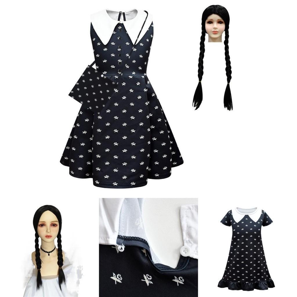 Wednesday Addams Dress Wig Cosplay Costume For Kid Girl Halloween Xmas Party