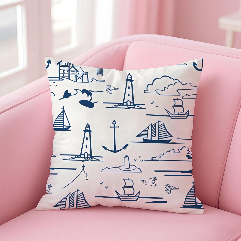 Ocean Blue Compass with Anchor Cushion Cover Pillow Case Soft Skin Friendly Fabric  Concealed Zipper