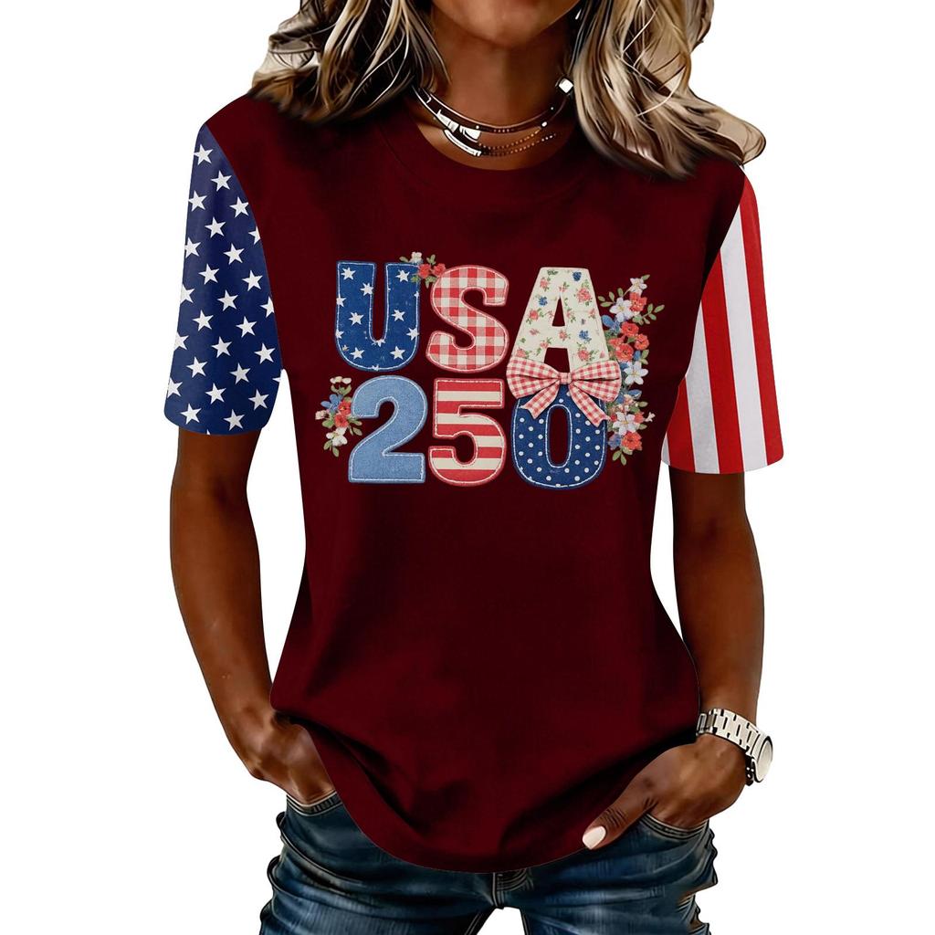 Blusa Feminina da Moda Casual de Manga Curta com Estampa e Gola Redonda
