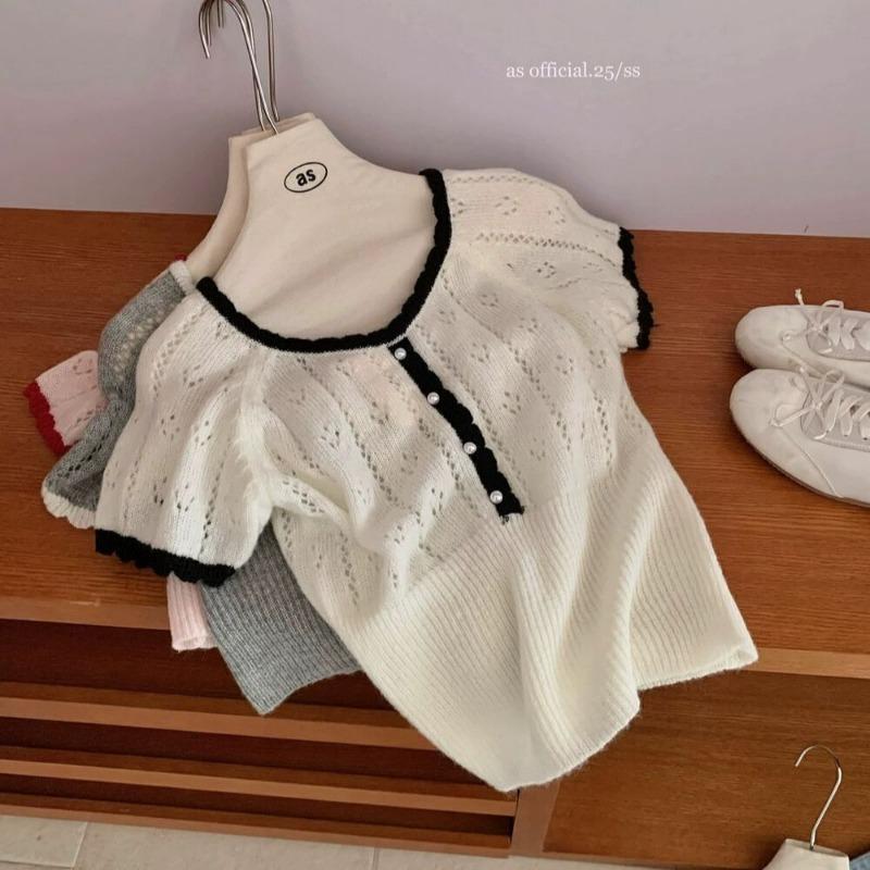 

Women s Grey Hollow Knit U-Neck Contrast Trim Short Sleeve Form Fitted Casual T-Shirt OneSize білий