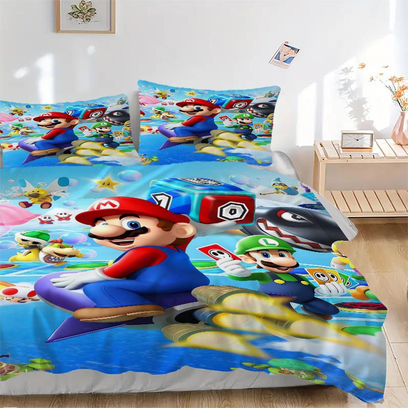 

3pcs Super Mario Bros Quilt Cover Set (1 Quilt Cover + 2 Pillowcases Without Pillow Core), High-Definition Printing for Home and Dormitory.F086 135x200cm