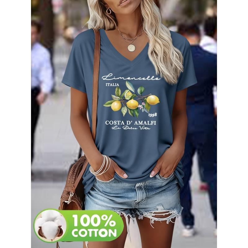 Lemon Branch Pattern Print Spring and Summer 100% Fashionable Women's Heavy V-neck Short-sleeved T-shirt