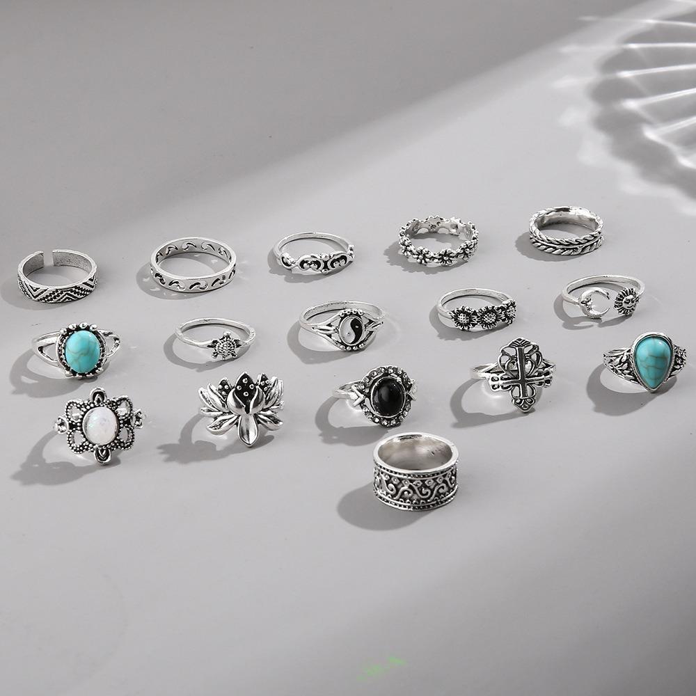Vintage Engraved Black Gem Ring Personalized Turtle Flower Combination 16-piece Set for Women