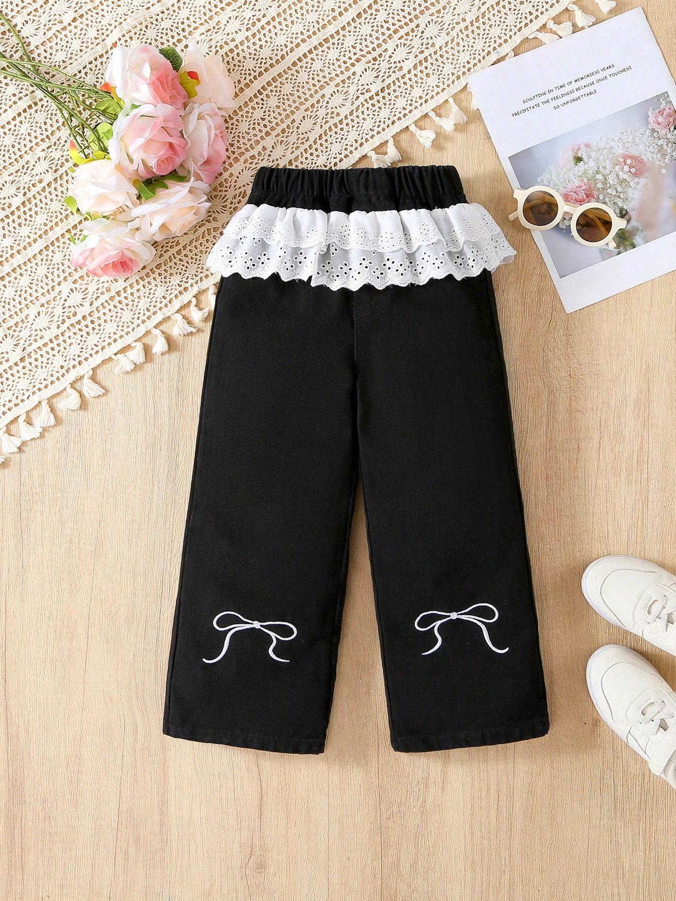 

One-piece casual girls and toddlers sweet style everyday wear, double lace bow embroidery black denim pants, new autumn and winter style. 7Y чорний