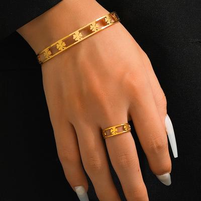2pc Jewelry Set Bracelet Ring Four-bladed Grass Circular Hollow Bracelets High-end Stainless Steel for Women Man African Jewelry