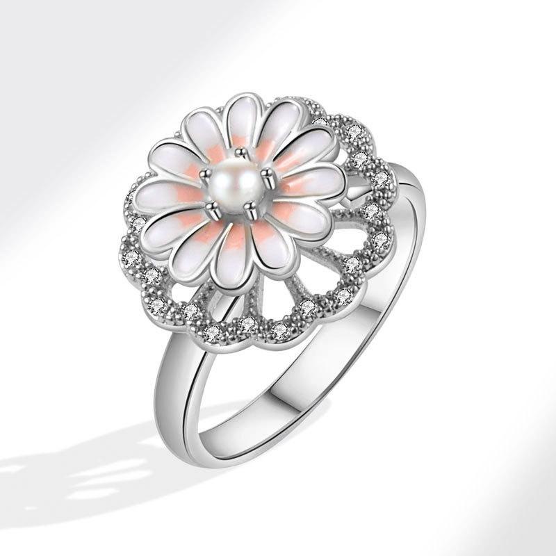 

Luxury Rhinestone Flower Rotating Stress Relief Ring Fashionable Open Adjustable Band For Women opening adjustable біле золото кольору