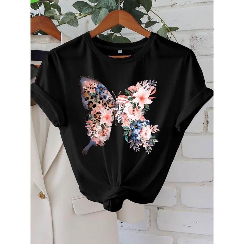 

European sizes Floral Butterfly Print Women s Casual Round Neck Short Sleeve Top 4XL