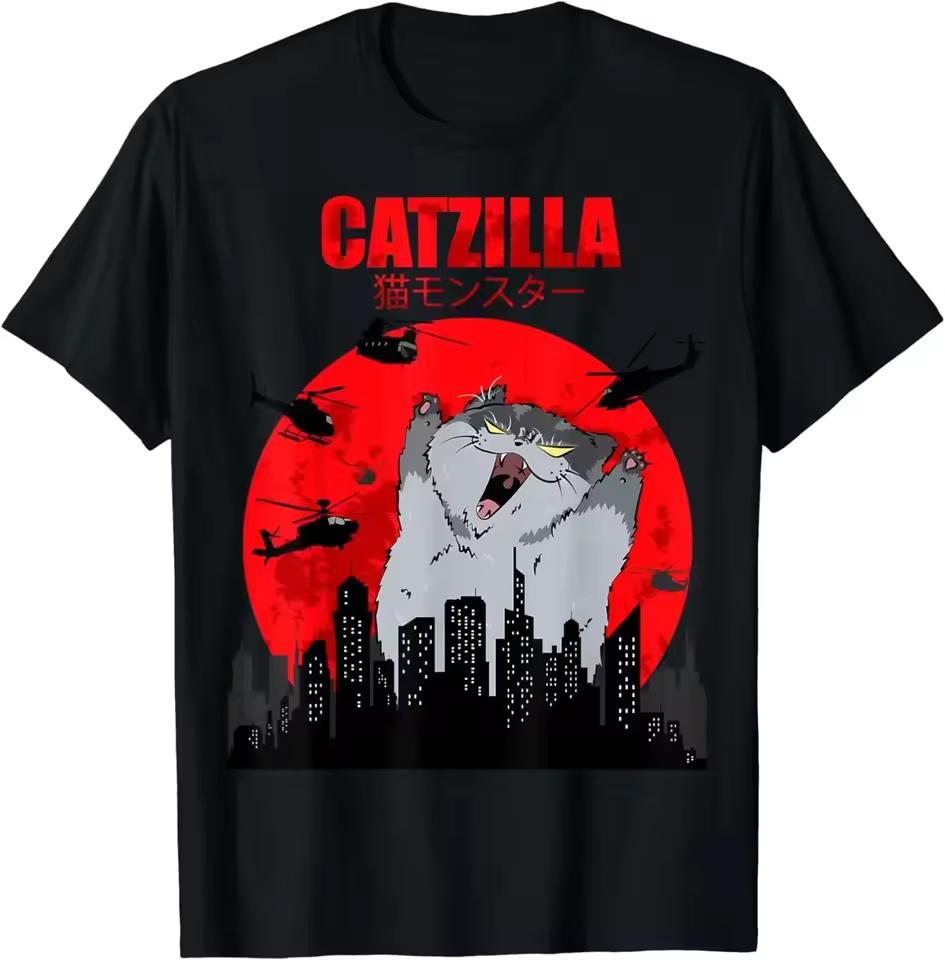 Funny Cute Art Japanese Cat Graphic for Cat Lover Catzilla T shirts O-neck Women Clothing Streetwear Short Sleeve T shirt Clothes