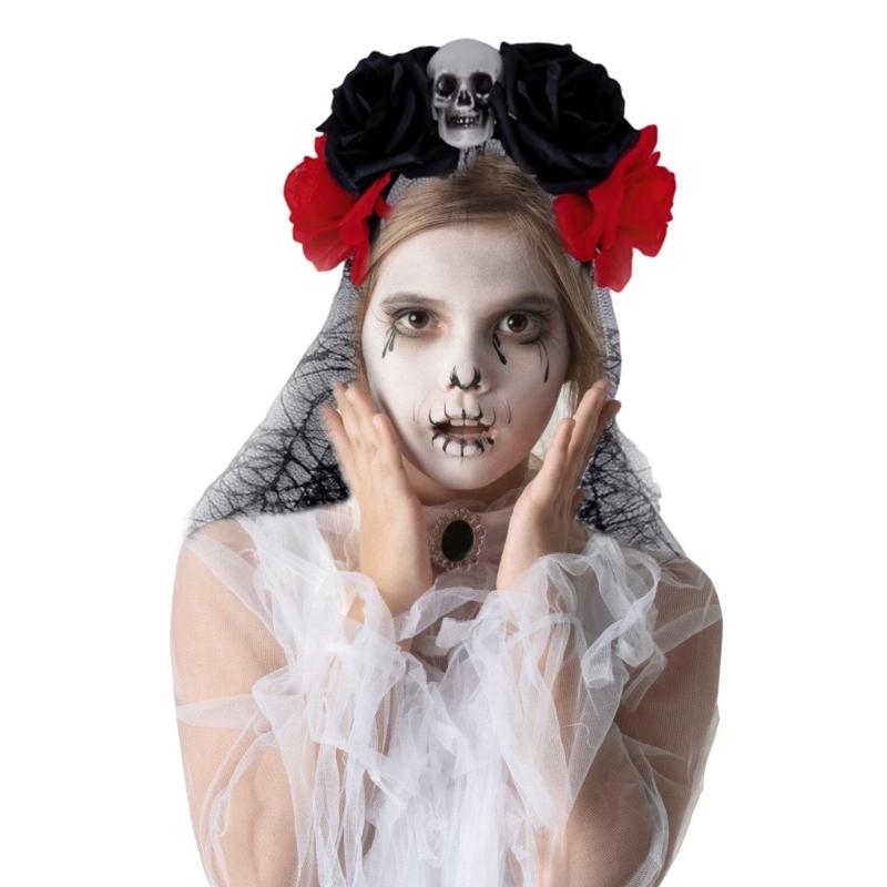 Rose Witch Costume Hair Hoop Gothic Dark Flower Skull Hair Styling for Live Show Headband Gothic Carnivals