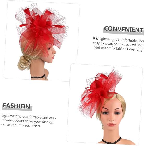 FOMIYES Red Mesh Fascinator Headband and Hair Clip, Cocktail Tea Party Hat for Women, Wedding and Special Occasion Accessories