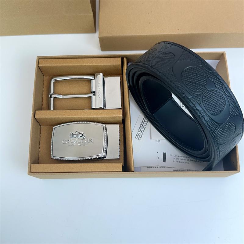 Men's Classic Double Buckle Leather Belt with C Buckle and Fabric Texture - Business Casual Trousers Accessory