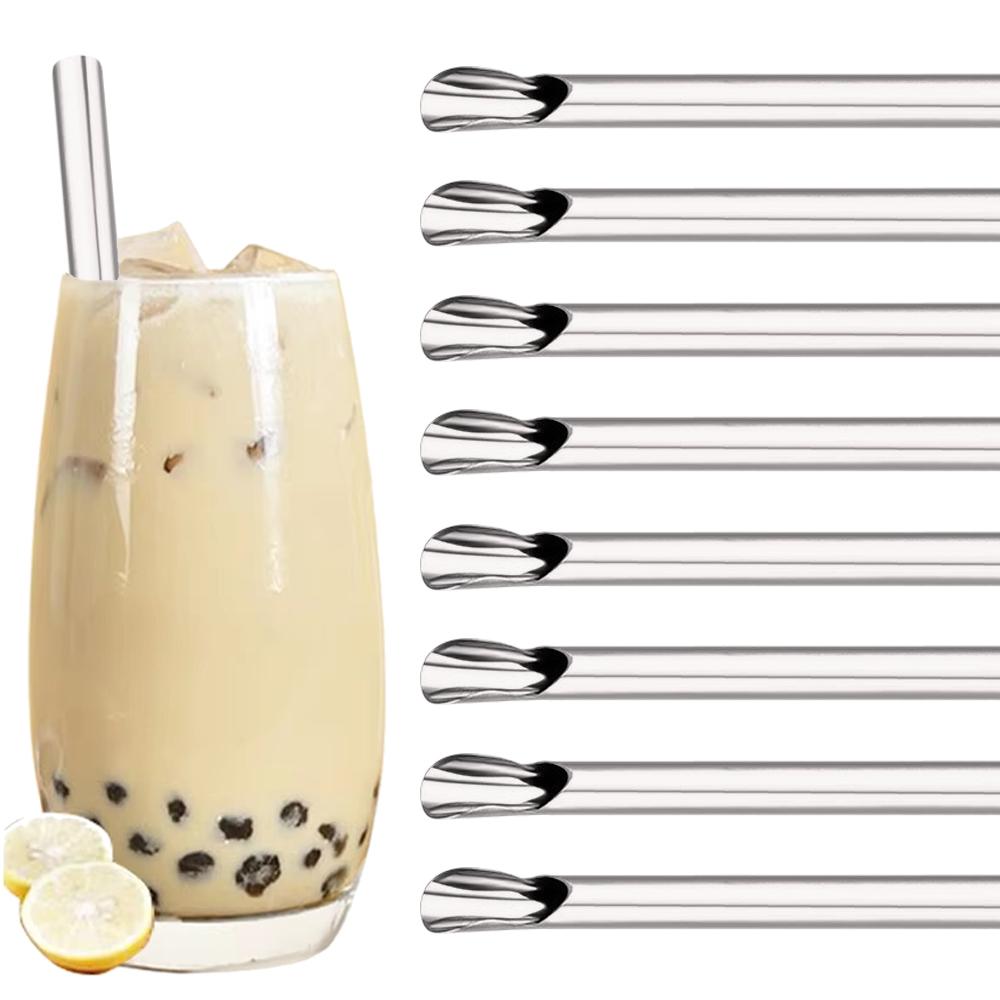 

8 шт. Многоразовые соломинки Жемчужный молочный коктейль 304 Нержавеющая сталь Набор соломинок для пузырькового чая Соломинка для перемешивания смузи в форме ложки серебряный