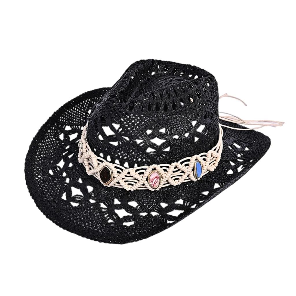 Women's Straw Sun Hat Ethnic Western Style Cowgirl Hats Stylish Hollow Out Woven Belt Wide Brim Beach Caps Sun Protection Hat