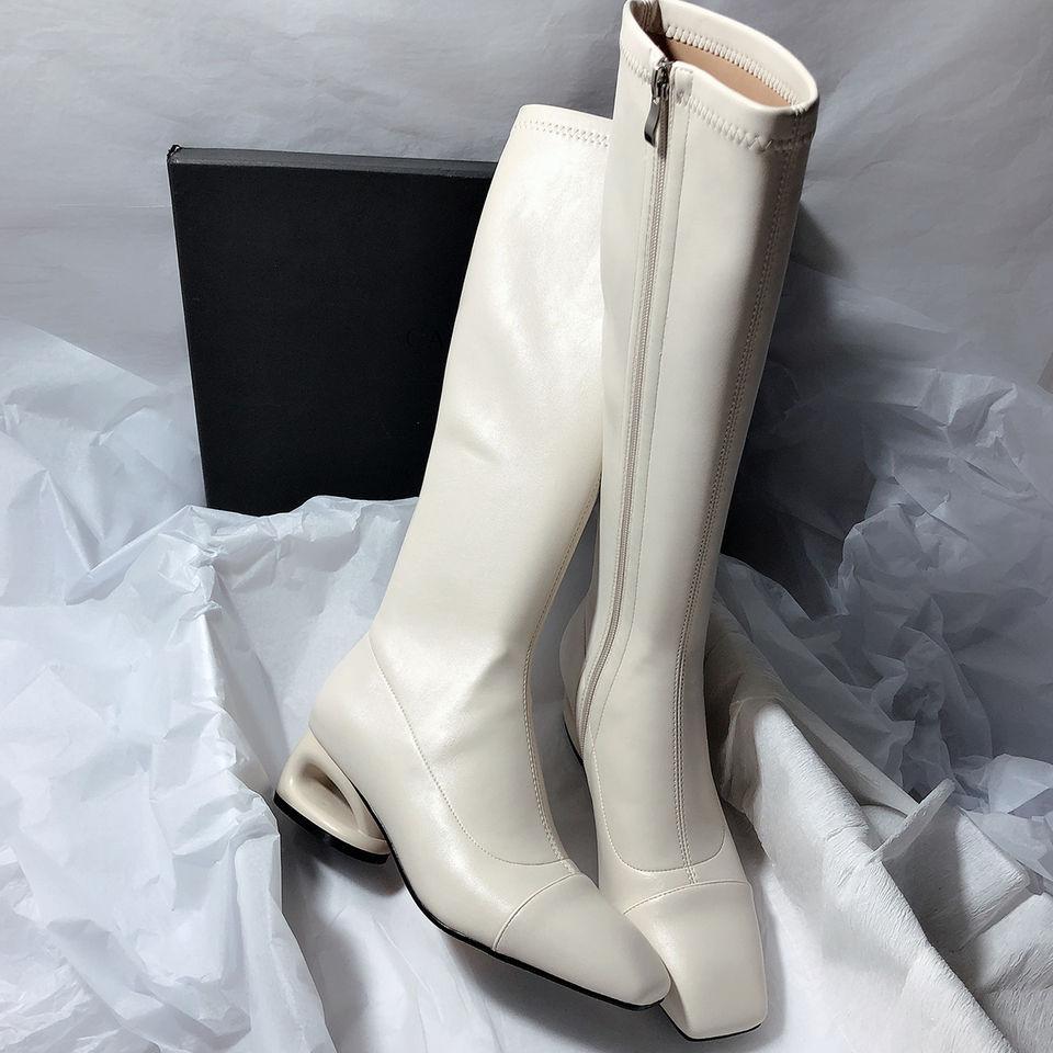 Square Head Hollow Thick Heel Elegant Versatile Side Zipper High Heel Niche Foreign Temperament But Knee Women's Boots