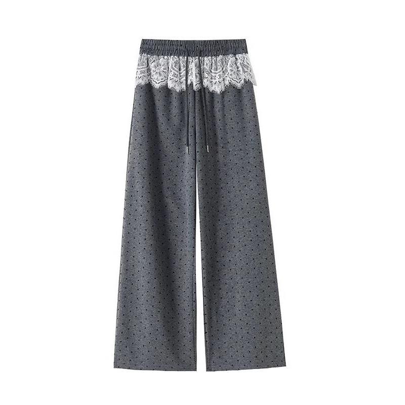 Lace Patchwork Polka Dot Wide-Leg Pants for Women - 2025 Spring/Autumn Casual Loose Straight Floor-Length Design