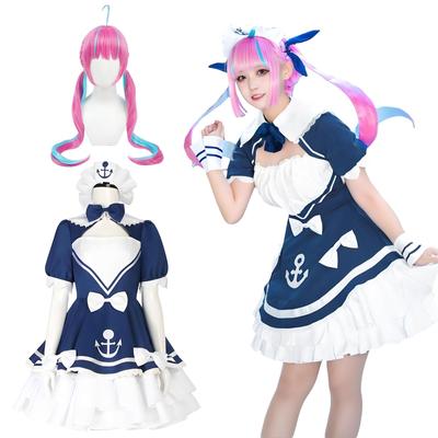 Minato Aqua Cosplay Dienstmeisje Outfit met VTuber Cosplay Kostuum voor School Podiumkleding Aqua Pruik Maat [Uitstekende Kwaliteit] Pruik, Volwassenen, Festival, Evenement,