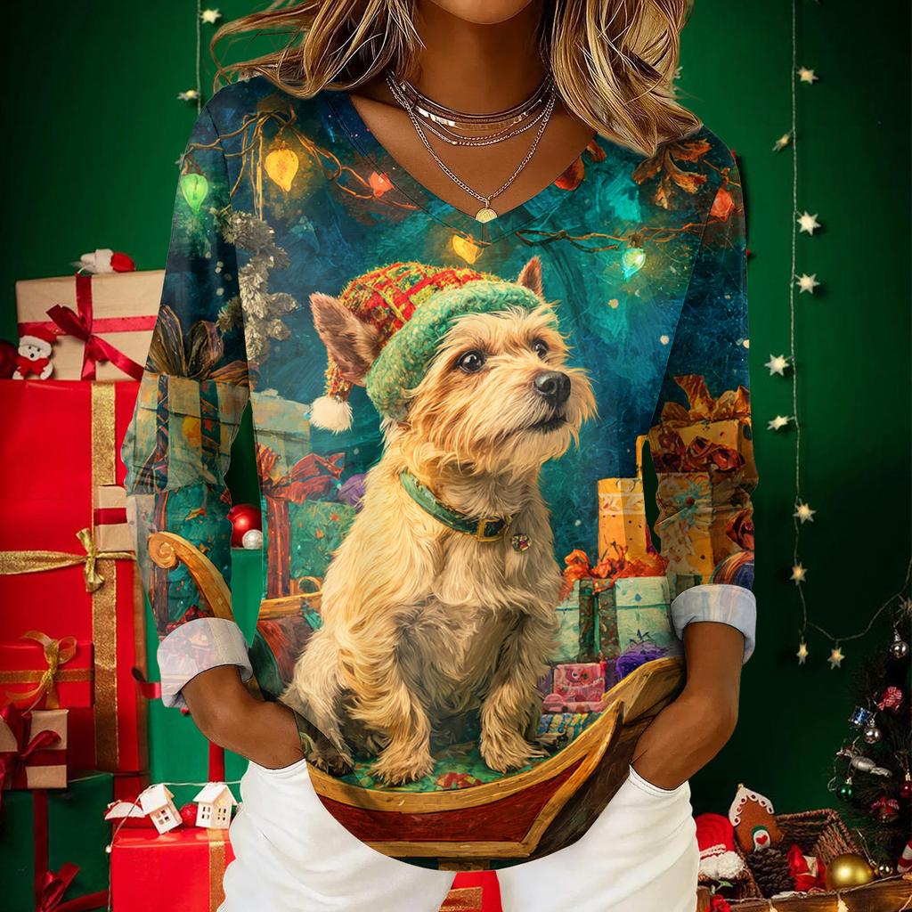 Women's Christmas Print Casual V-Neck Long Sleeve Top