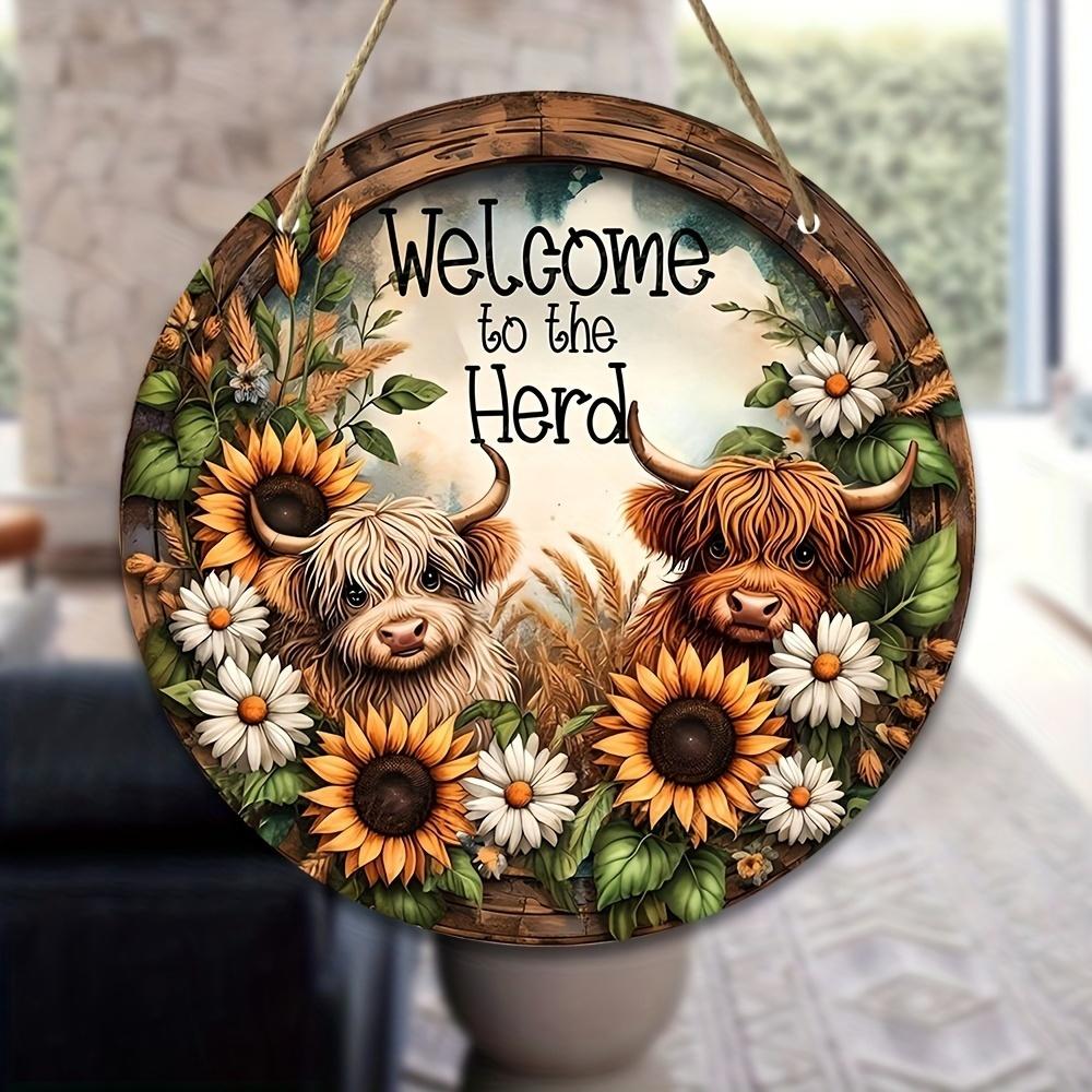 Sunflower & Highland Cow Wooden Hanging Sign - Farmhouse Welcome Door Decor for Indoor Outdoor Porch Housewarming Gift