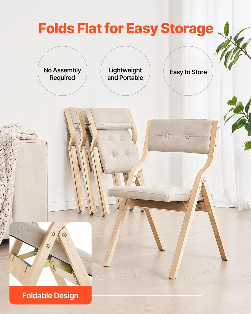 Wooden Folding Chairs with Padded Cushion and Wooden Frame Beige Set of 2