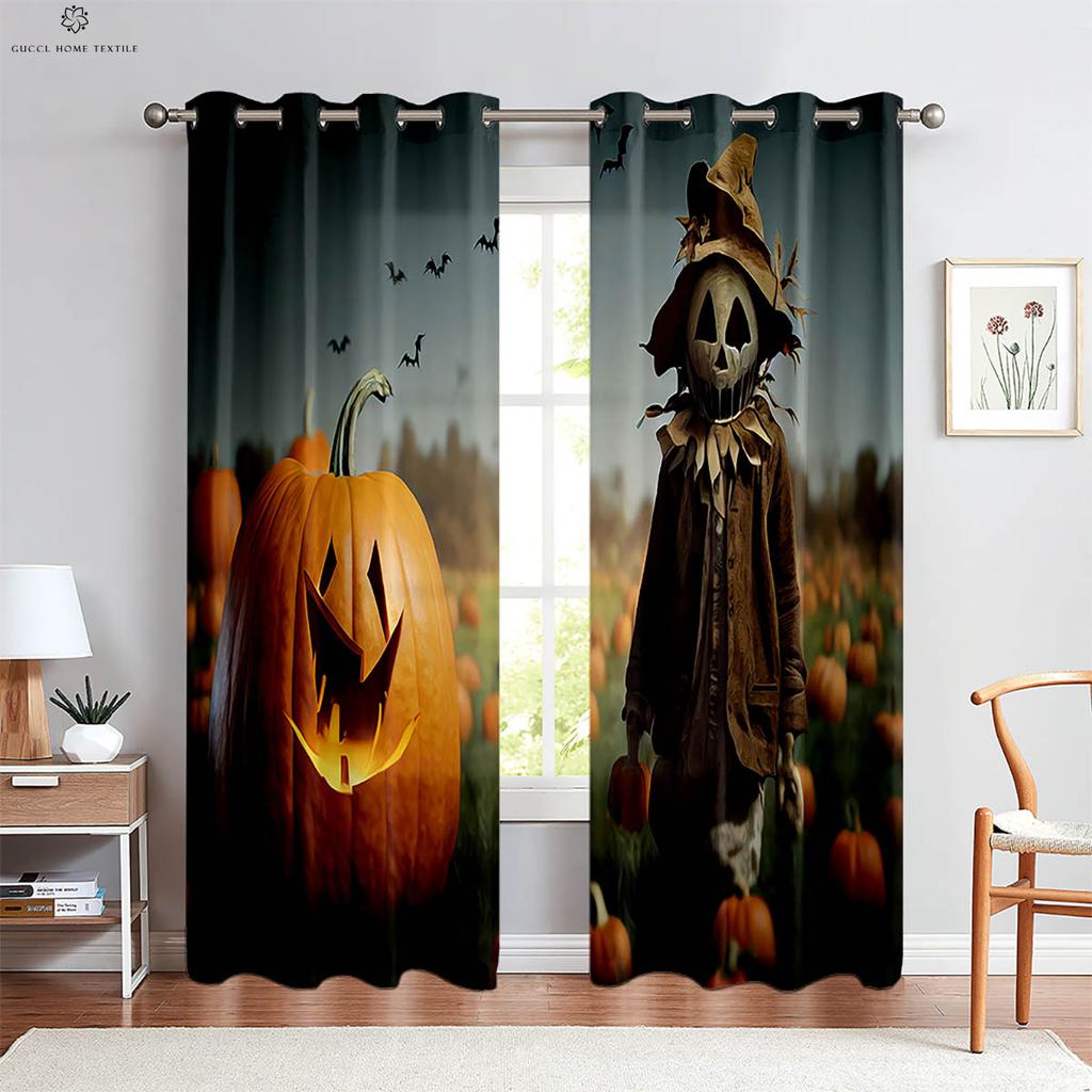 Cartoon Print Curtains, Horror Skull, Pumpkin, Bedroom, Living Room, Restaurant, Holiday Party, Decorative, 2 Pcs
