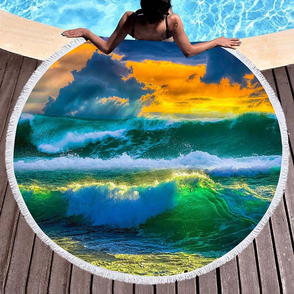 Blue Sea Wave Round Beach Towel with Tassels, Microfiber Beach Blanket Absorbent Quick Dry Soft Pool Towel Portable Picnic Ma