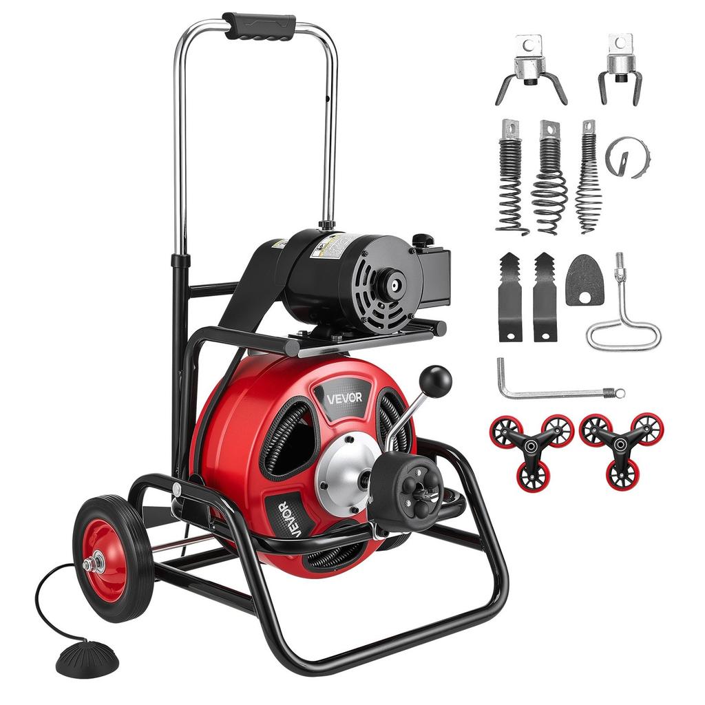 Rohrreiniger Maschine 30m x 12.7mm, Automatischer Kanalreiniger Snake Auger, Tragbare Rohrreinigungsmaschine mit Kletterrädern, Verstellbare Trommel, 8 Fräser &