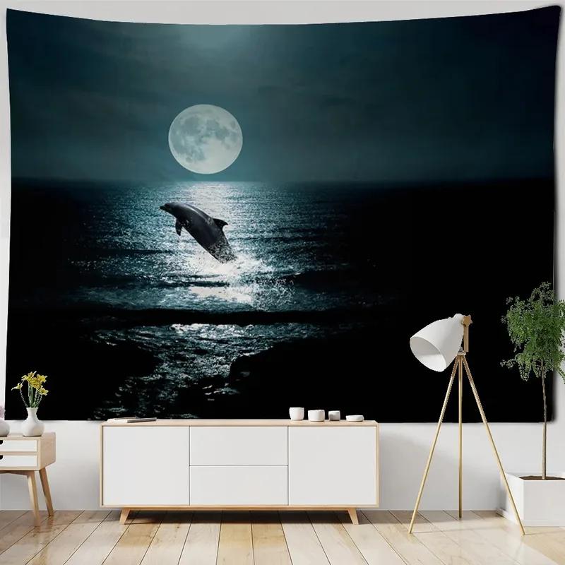 Water Moon Night Scene Pattern Tapestry Home Wall Decoration Tapestry Bedroom Living Room Tapestry