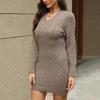 Herbst Winter Damen Kleid Strick Dick V-Ausschnitt Slim Fit Lange Ärmel Über Knie Länge Verdrehte Textur Reine Farbe Etui Büro Party Minikleid