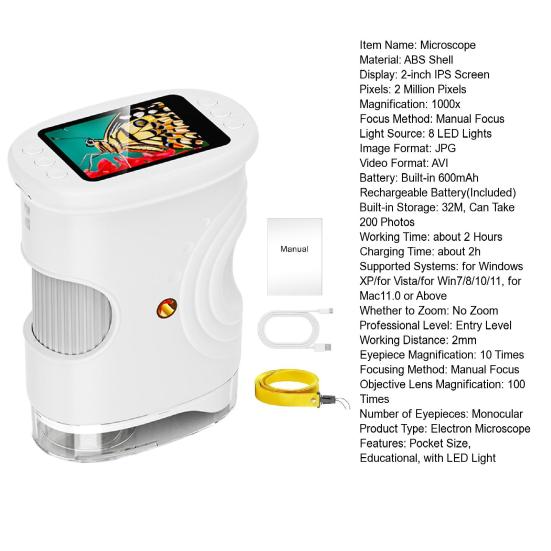 Kids Digital Microscope 1000X Mini Portable Pocket Microscope Camera with 2-Inch IPS Screen Built-in 8 LEDs Educational Magnifying Glass Toy